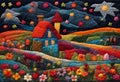 Craft a beautiful felt art style, beautiful landscape with houses, lawns, trees, flowers and the sky at night.